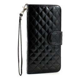 Samsung Galaxy Note 4 Glossy Quilted Flip Leather Wallet Case w Stand and Strap (Black)